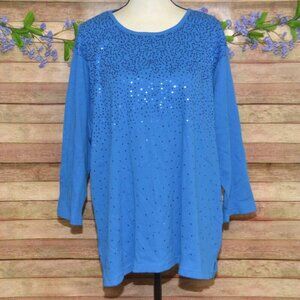 Quacker Factory Womens Light Blue Sequin Tunic Thin Knit Shirt Top Plus Size 3X